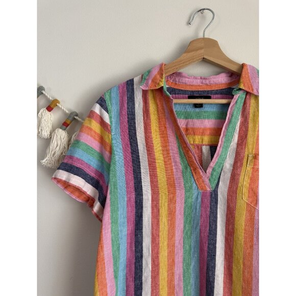 J. Crew 100% Linen Multicolor Rainbow V-Neck Short Sleeve Top Coastal Beachy S - Picture 3 of 9